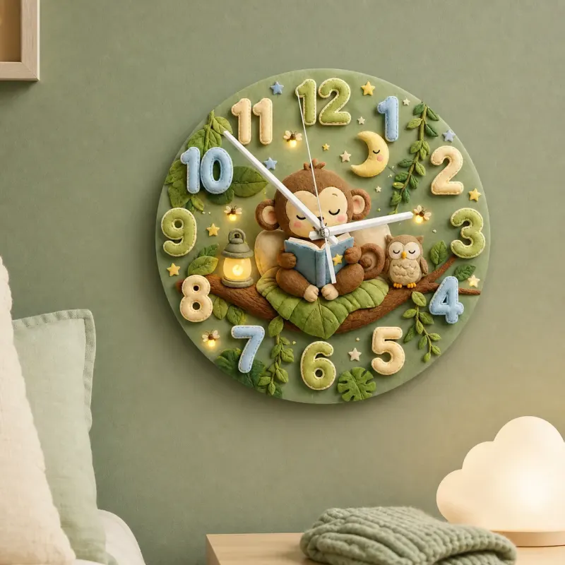 Cute Bedtime Reading Monkey Kids Room Wall Clock | Safari Jungle Nursery Decor, Baby Shower Gift For Boys & Girls (13.6 inch / 34.5 cm)