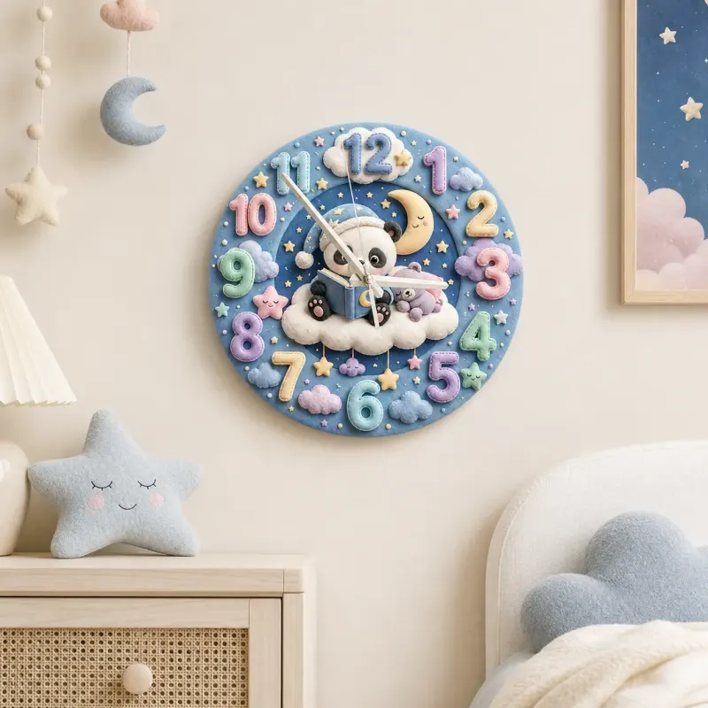 Bedtime Reading Panda Kids Room Wall Clock | Pastel Night Sky Nursery Decor, Cute Baby Shower Gift For New Parents (13.6 inch / 34.5 cm)