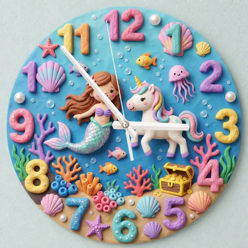 Mermaid & Sea Unicorn Kids Room Wall Clock | Magical Underwater Ocean Nursery Wall Decor, Little Girl Bedroom Gift (13.6 inch / 34.5 cm)