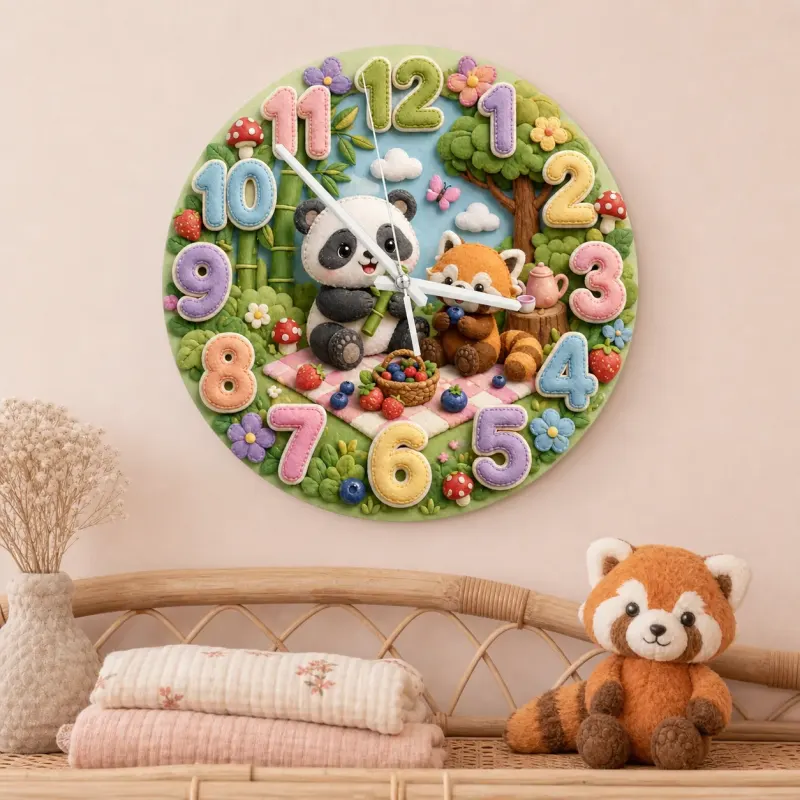 Woodland Panda & Red Panda Picnic Kids Room Wall Clock | Cute Forest Animal Nursery Decor, Baby Shower Gift Keepsake (13.6 inch / 34.5 cm)