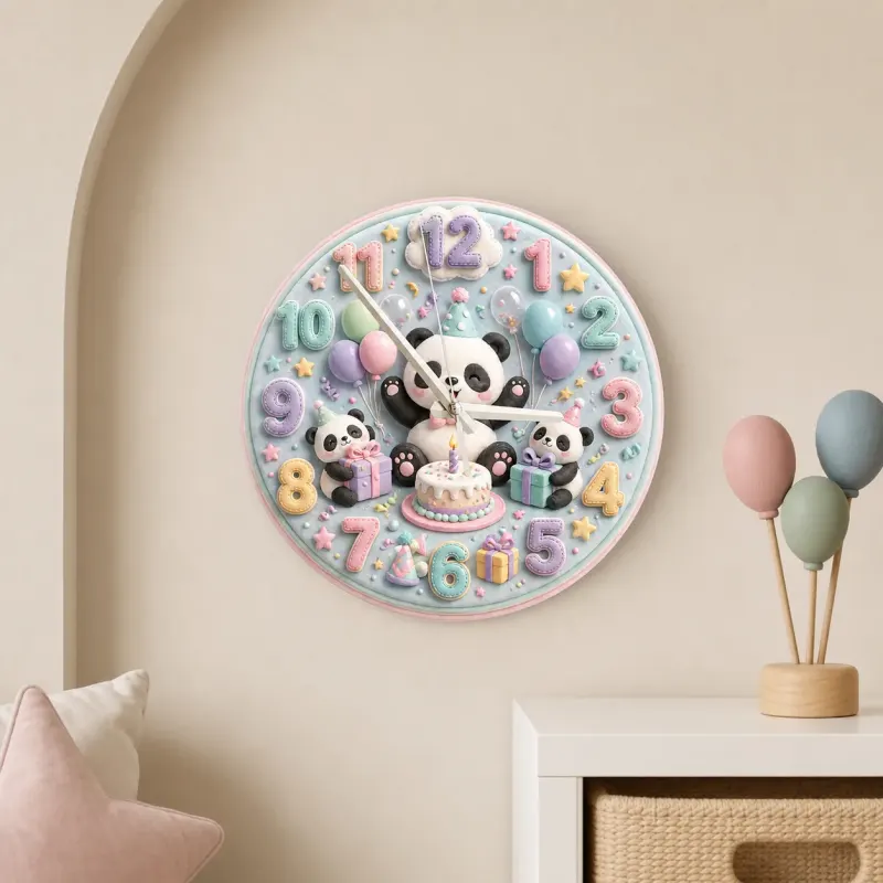 Pastel Birthday Panda Kids Room Wall Clock | Whimsical Animal Nursery Decor, Sweet Baby Shower Gift For Girls & Boys (13.6 inch / 34.5 cm)