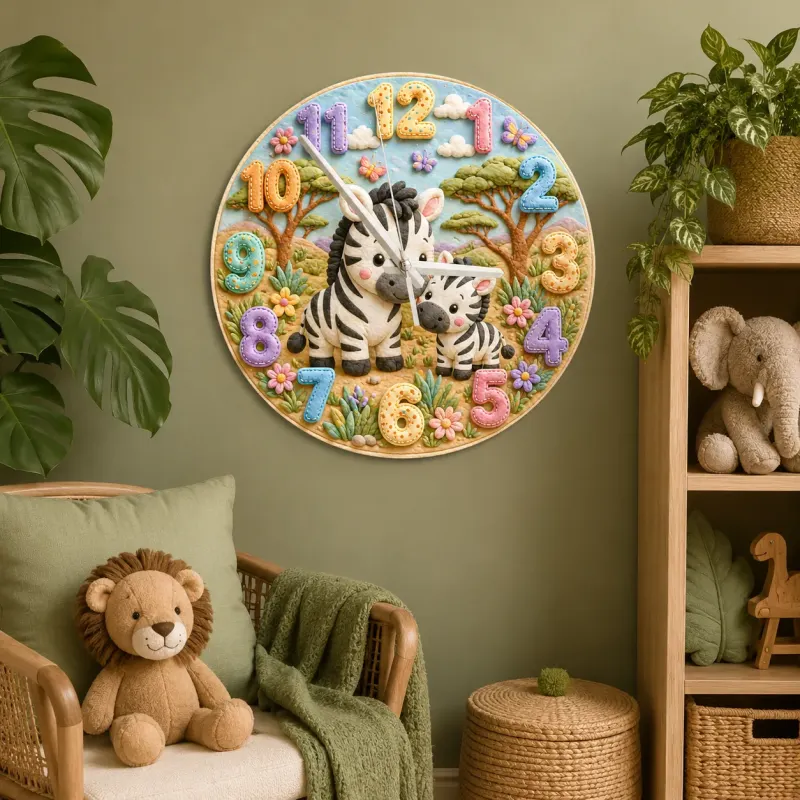 Sweet Mother & Baby Zebra Kids Room Wall Clock | Safari Animal Nursery Decor, Beautiful New Baby Shower Gift Keepsake (13.6 inch / 34.5 cm)