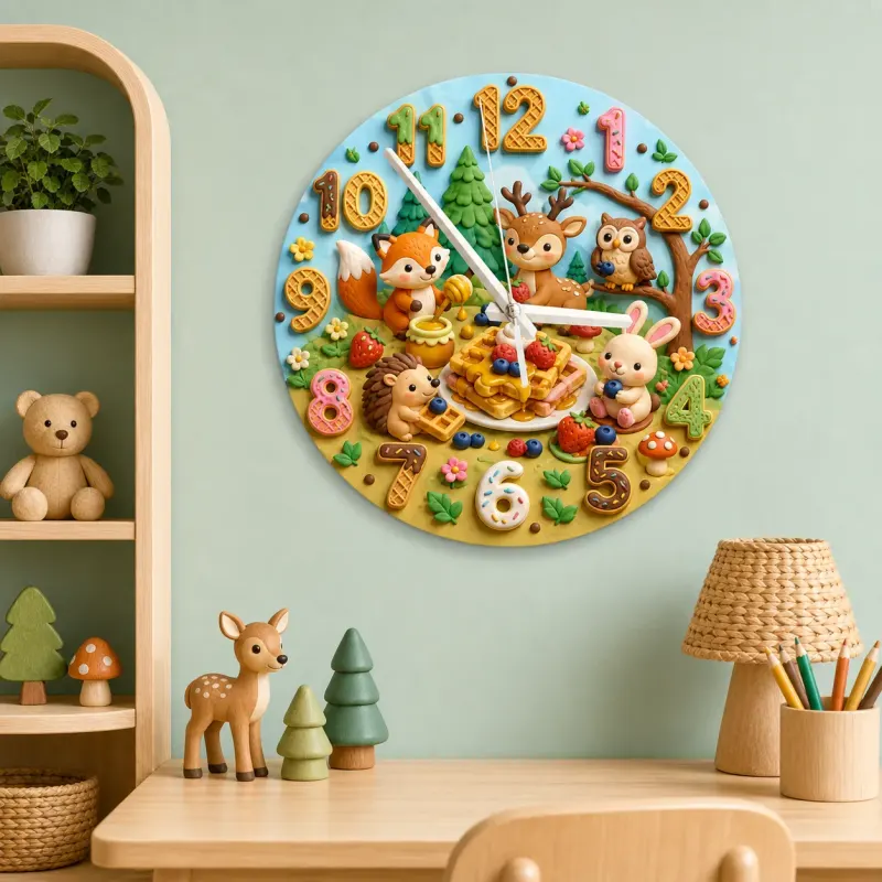 Woodland Waffle Picnic Kids Room Wall Clock | Forest Animal Nursery Decor, Baby Shower Birthday Gift (13.6 inch / 34.5 cm)