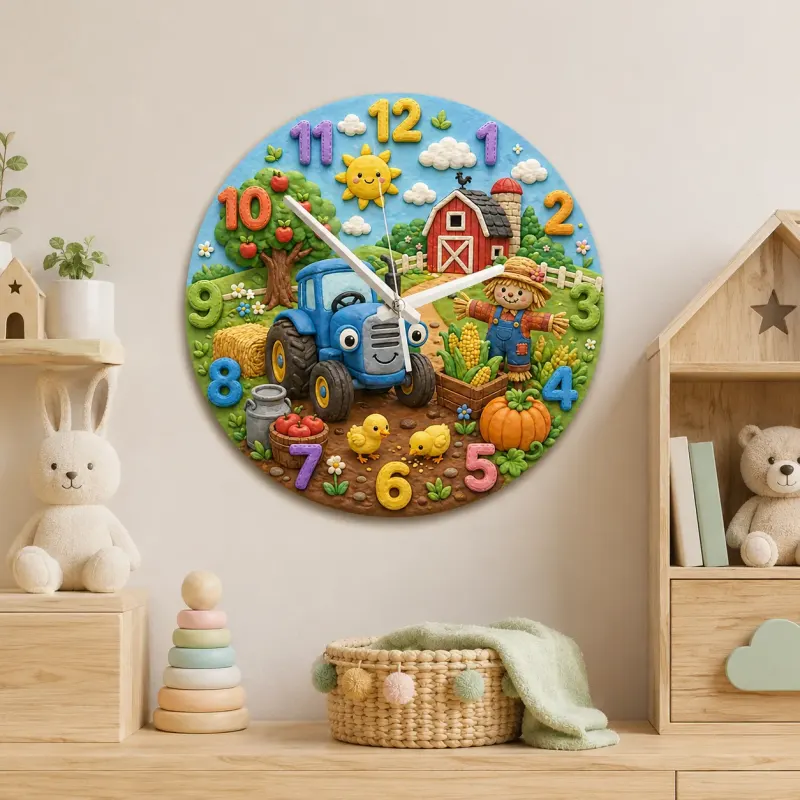 Blue Tractor Farm Kids Room Wall Clock | Barnyard Scarecrow Nursery Art Decor, Little Boy Birthday Baby Shower Gift (13.6 inch / 34.5 cm)