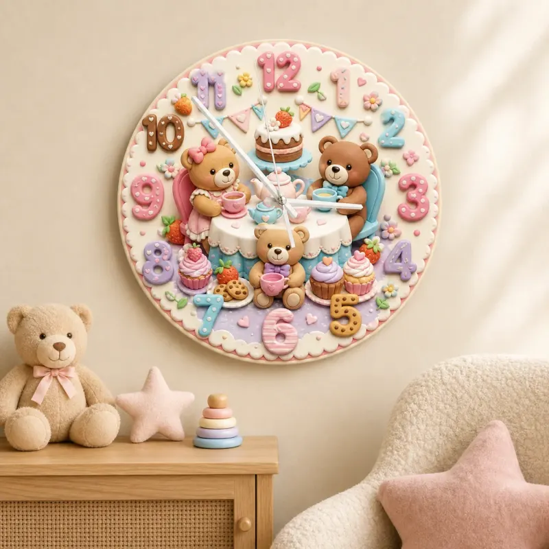 Teddy Bear Tea Party Kids Room Wall Clock | Pastel Nursery Decor, Sweet Baby Shower Birthday Gift (13.6 inch / 34.5 cm)