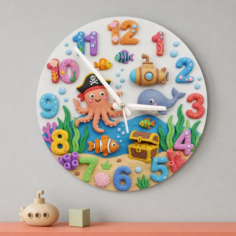 Pirate Octopus Ocean Kids Room Wall Clock | Under The Sea Nursery Decor, Marine Life Theme Baby Boy Birthday Gift (13.6 inch / 34.5 cm)