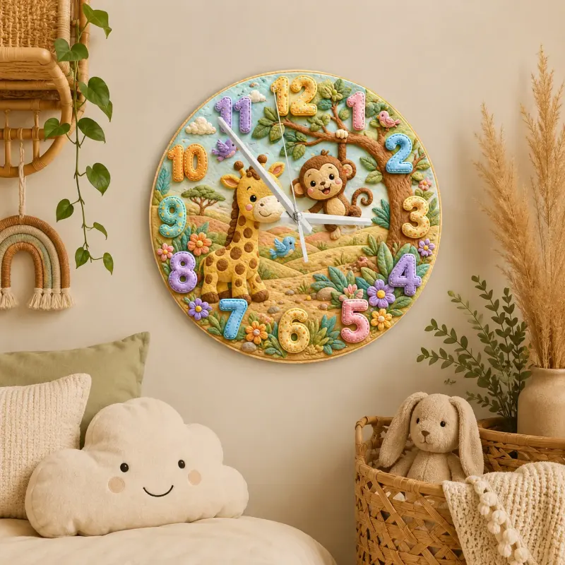 Jungle Safari Giraffe & Monkey Kids Room Wall Clock | Whimsical Animal Nursery Decor, Sweet Playroom Wall Art Gift (13.6 inch / 34.5 cm)