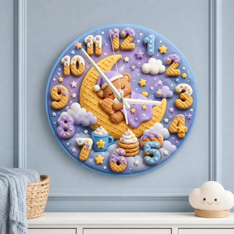 Sleeping Bear Moon Kids Room Wall Clock | Pastel Night Sky Nursery Decor, Sweet Baby Shower Gift (13.6 inch / 34.5 cm)