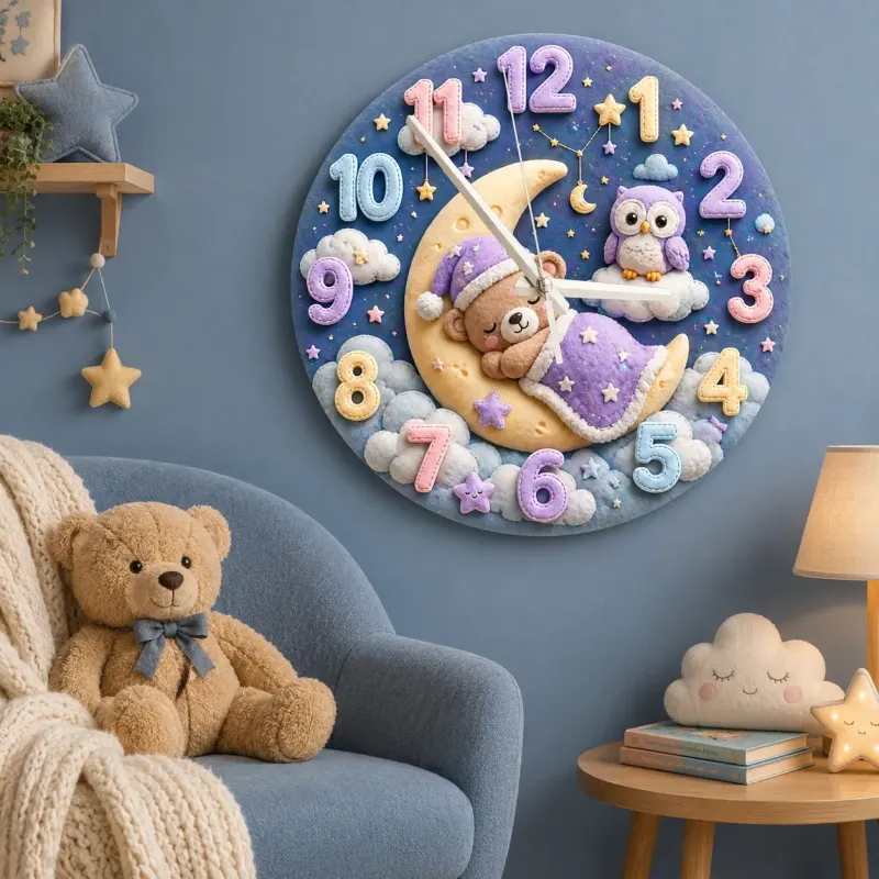 Sleeping Bear and Owl Kids Room Wall Clock | Pastel Starry Night Nursery Decor, Baby Shower Gift For Boys & Girls (13.6 inch / 34.5 cm)