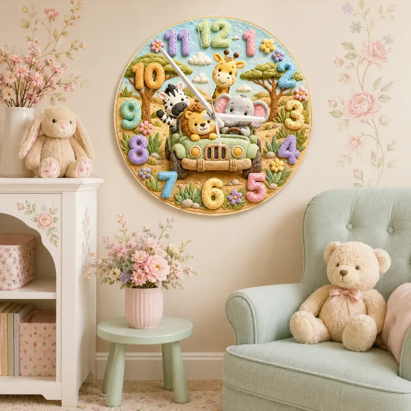 Safari Animal Jeep Kids Room Wall Clock | Jungle Nursery Decor, Safari Playroom Art, Baby Boy Shower Gift Keepsake (13.6 inch / 34.5 cm)