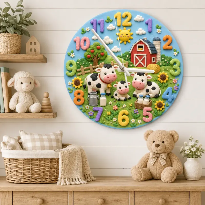 Farm Animal Cow Family Kids Room Wall Clock | Rustic Red Barn Nursery Decor, Baby Shower Gift For Boys And Girls Room (13.6 inch / 34.5 cm)
