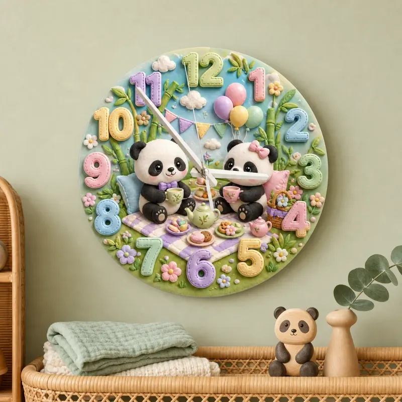 Whimsical Panda Tea Party Kids Room Wall Clock | Pastel Bamboo Nursery Decor, Baby Shower Birthday Keepsake Present (13.6 inch / 34.5 cm)