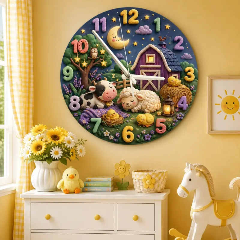 Sleeping Farm Animals Kids Room Wall Clock | Nighttime Nursery Decor, Sweet Dreams Baby Shower Gift For Boys Girls (13.6 inch / 34.5 cm)