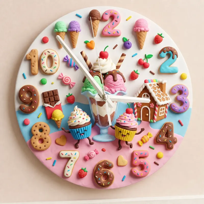 Candyland Sweet Treats Kids Room Wall Clock | Ice Cream Cupcake Nursery Decor, Little Girl Bedroom Birthday Art Gift (13.6 inch / 34.5 cm)