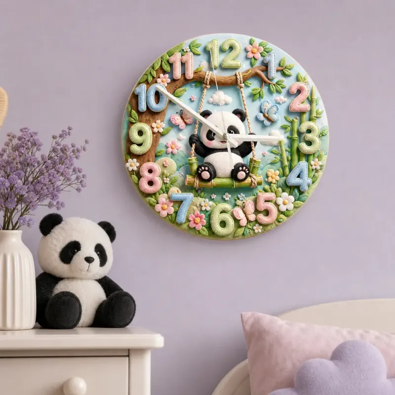 Whimsical Panda on Swing Kids Room Wall Clock | Cute Pastel Woodland Nursery Decor, Baby Shower Gift for Boys & Girls (13.6 inch / 34.5 cm)