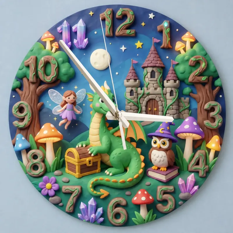 Magical Dragon and Fairy Kids Room Wall Clock | Fantasy Castle Nursery Decor, Whimsical Storybook Birthday Gift Idea (13.6 inch / 34.5 cm)