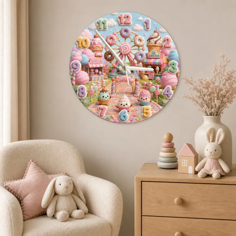 Pastel Candyland Theme Kids Room Wall Clock | Kawaii Sweet Treats Nursery Wall Decor, Cute Little Girl Bedroom Gift (13.6 inch / 34.5 cm)