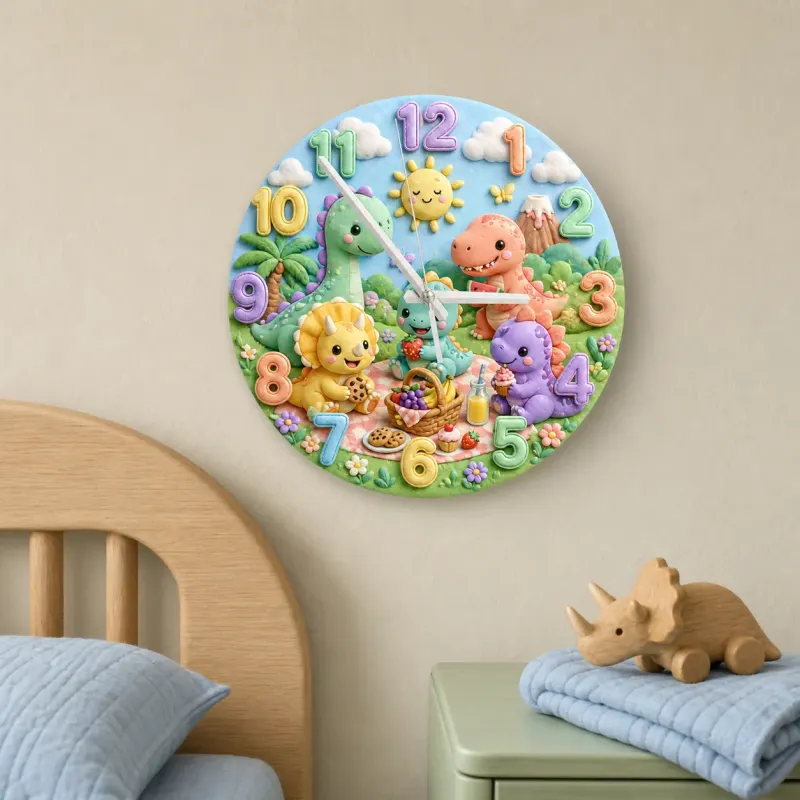 Cute Dinosaur Picnic Kids Room Wall Clock