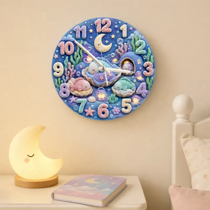 Sleeping Pastel Fish Kids Room Wall Clock | Dreamy Underwater Nursery Decor, Baby Girl Shower Gift & Room Makeover (13.6 inch / 34.5 cm)