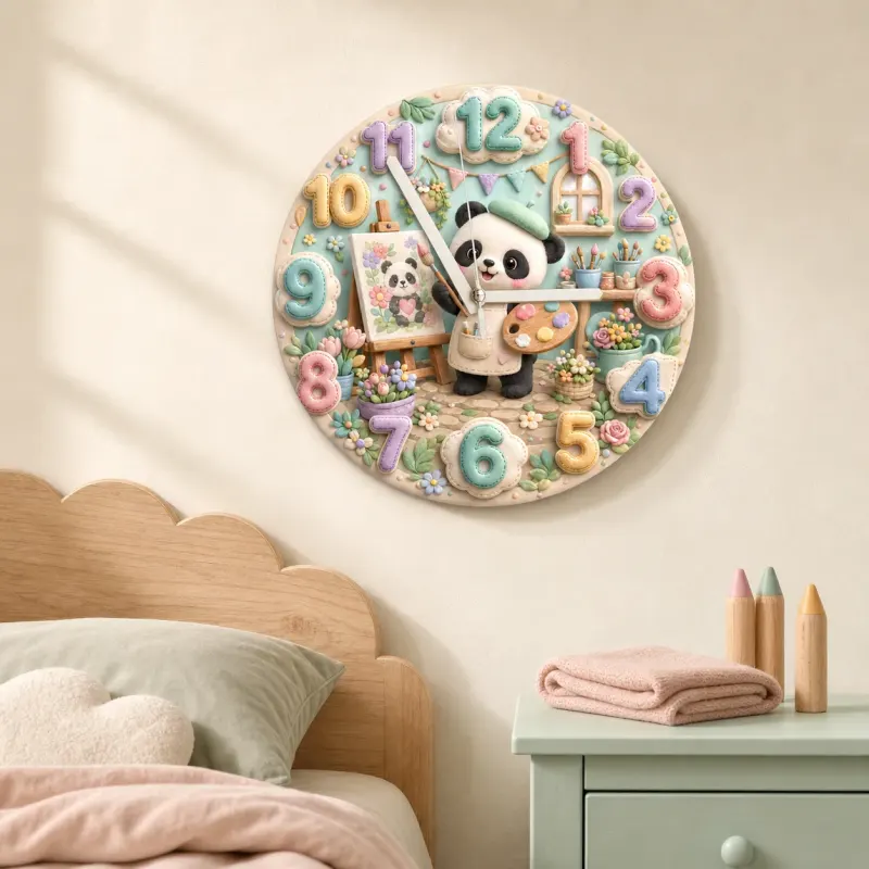 Little Painter Panda Kids Room Wall Clock | Pastel Floral Nursery Decor, Baby Girl Bedroom Birthday Gift Keepsake (13.6 inch / 34.5 cm)