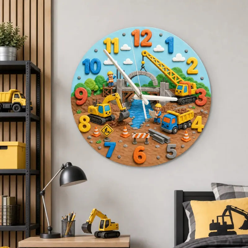 Construction Trucks Kids Room Wall Clock | Excavator Nursery Decor, Little Builder Boy Bedroom Playroom Art Keepsake (13.6 inch / 34.5 cm)