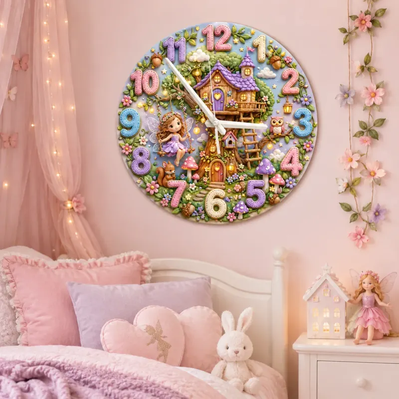Enchanted Fairy Treehouse Kids Room Wall Clock | Magical Woodland Nursery Decor, Little Girl Birthday Keepsake Gift (13.6 inch / 34.5 cm)