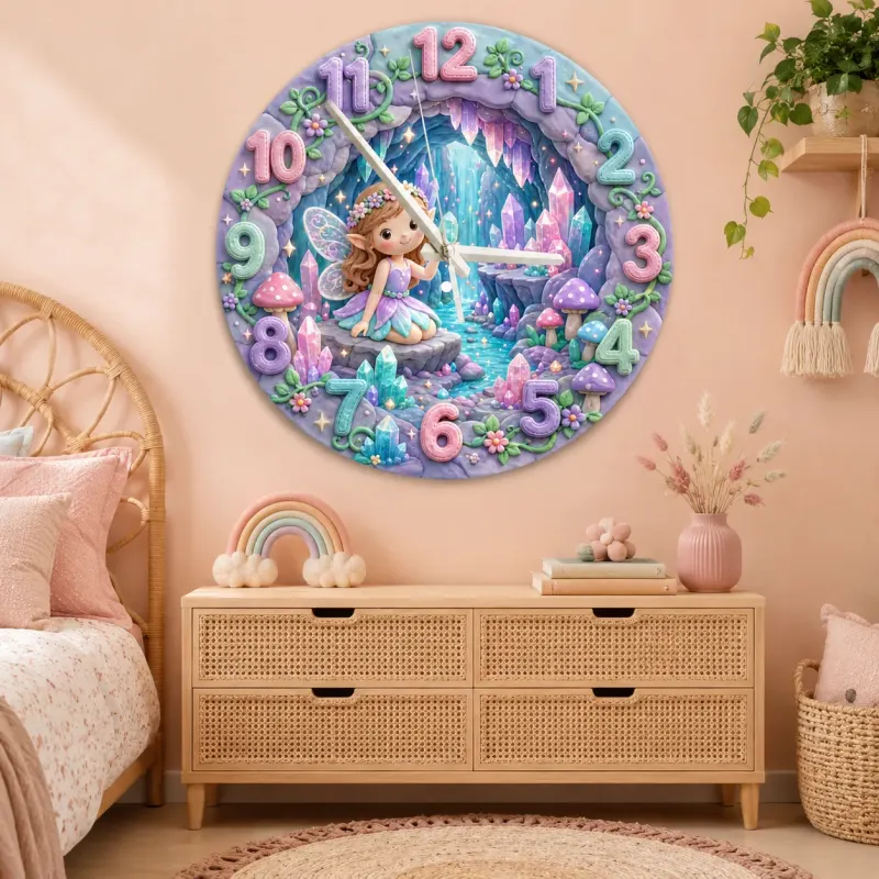 Magical Fairy and Crystal Cave Kids Room Wall Clock | Enchanted Pastel Nursery Decor, Whimsical Girls Room Gift Art (13.6 inch / 34.5 cm)