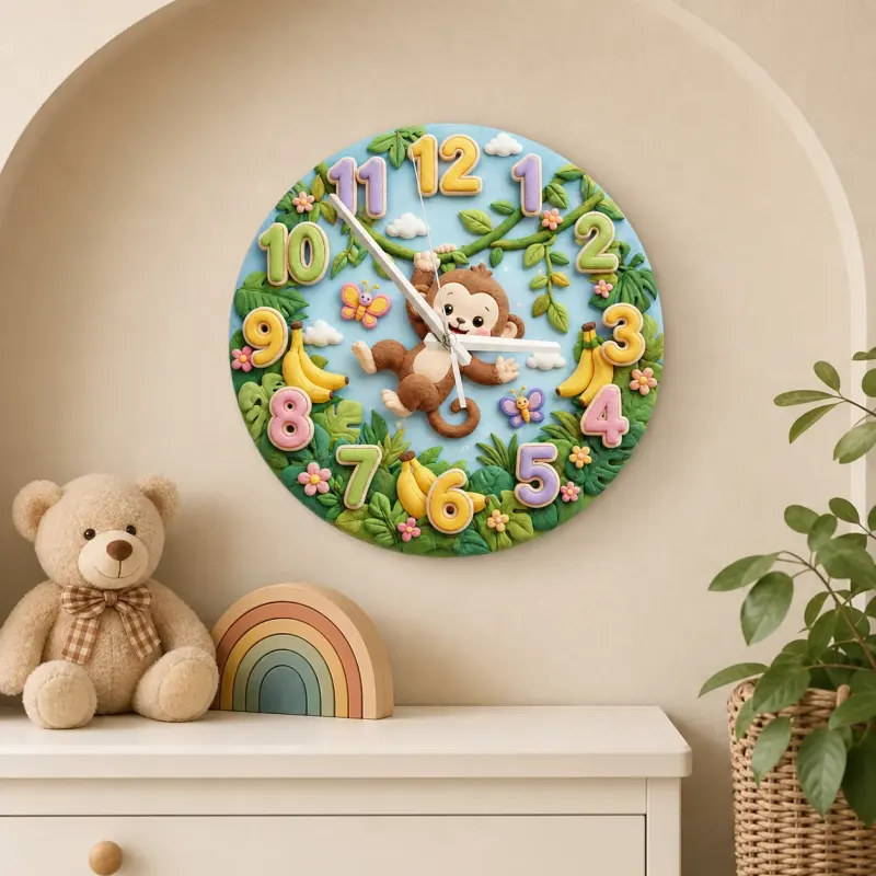 Swinging Safari Monkey Kids Room Wall Clock | Pastel Jungle Nursery Decor, Unique Baby Shower Gift For Boys Or Girls (13.6 inch / 34.5 cm)