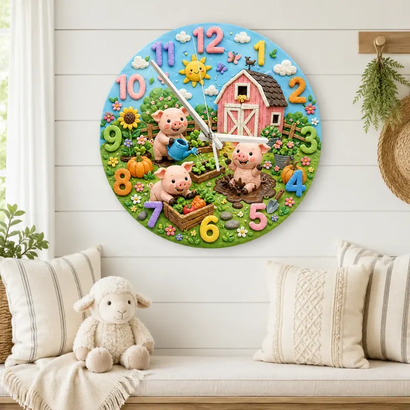 Playful Farm Pigs Kids Room Wall Clock | Barnyard Animal Nursery Decor, Baby Shower Or Birthday Gift For Boy Or Girl (13.6 inch / 34.5 cm)