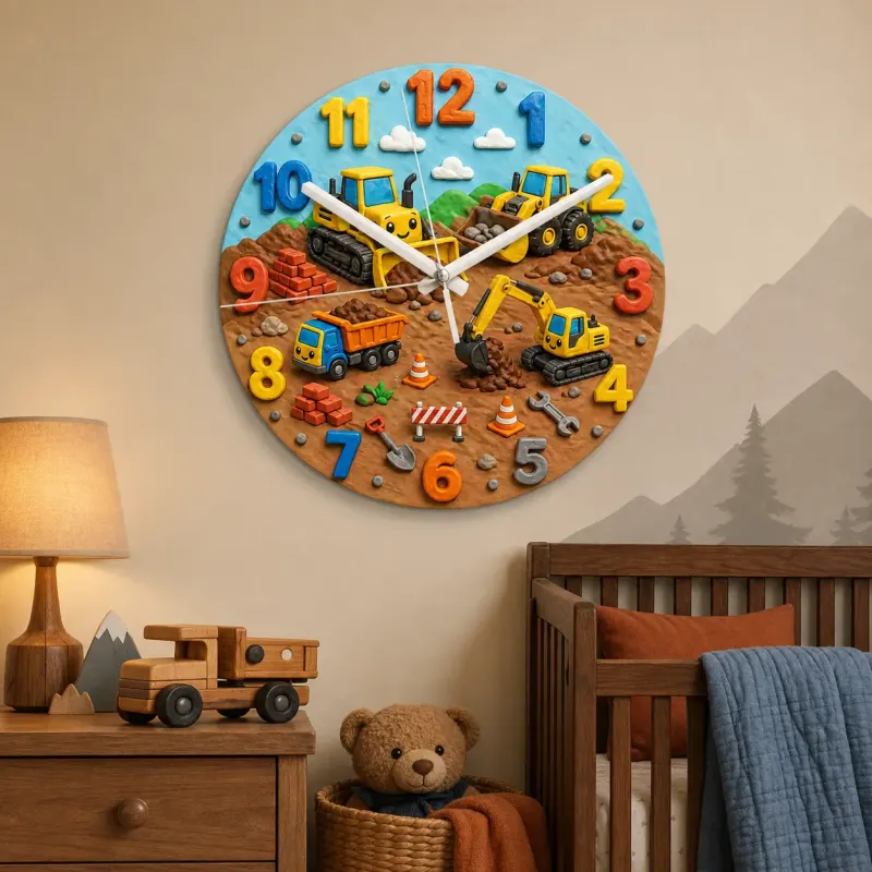 Construction Vehicles Kids Room Wall Clock | Playful Boys Bedroom Nursery Decor, Little Builder Birthday Gift Idea (13.6 inch / 34.5 cm)