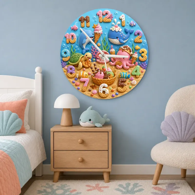 Ocean Animals Dessert Kids Room Wall Clock | Under The Sea Nursery Decor, Baby Boy Girl Birthday Gift (13.6 inch / 34.5 cm)
