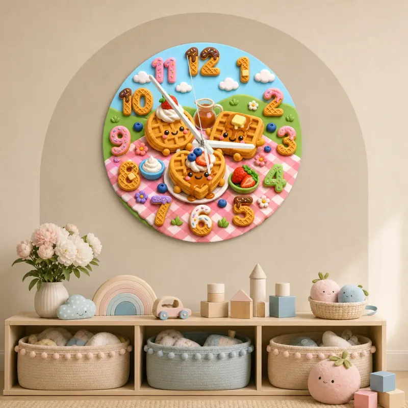 Waffle Breakfast Kids Room Wall Clock | Sweet Picnic Nursery Decor, Cute Playroom Birthday Gift (13.6 inch / 34.5 cm)