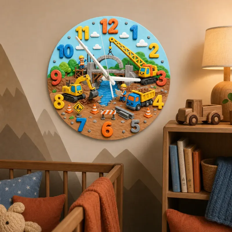 Construction Trucks Kids Room Wall Clock | Excavator Nursery Decor, Little Builder Boy Bedroom Playroom Art Keepsake (13.6 inch / 34.5 cm)