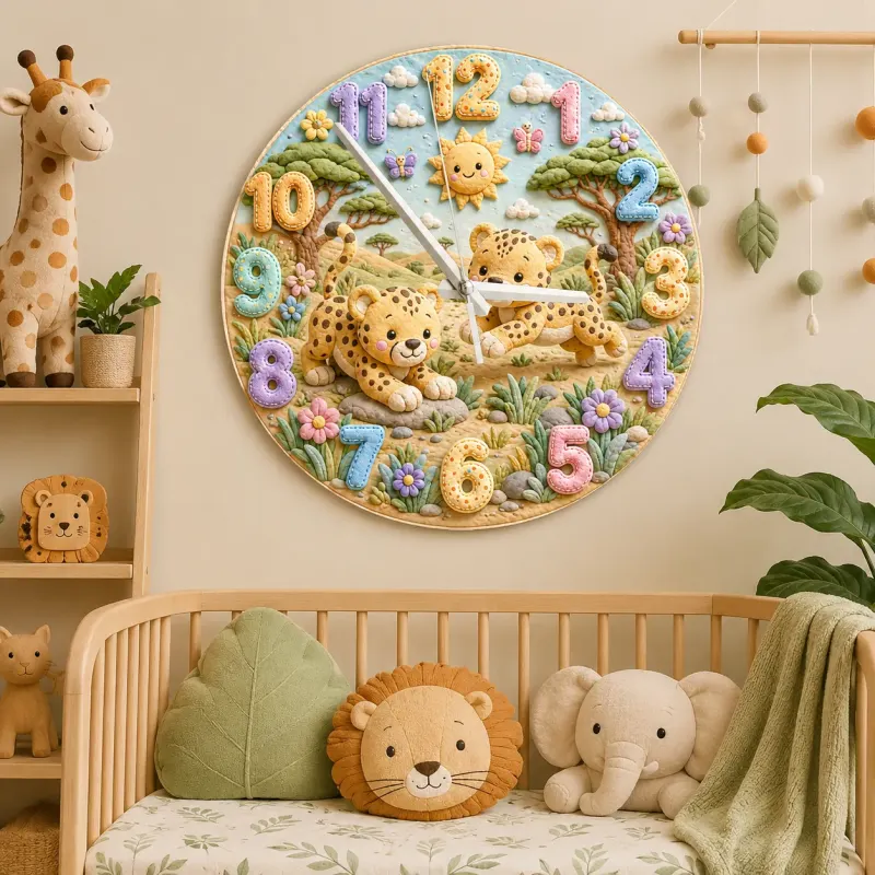 Playful Safari Cheetahs Kids Room Wall Clock | Jungle Animal Nursery Decor, Birthday Keepsake Gift For Boys & Girls (13.6 inch / 34.5 cm)