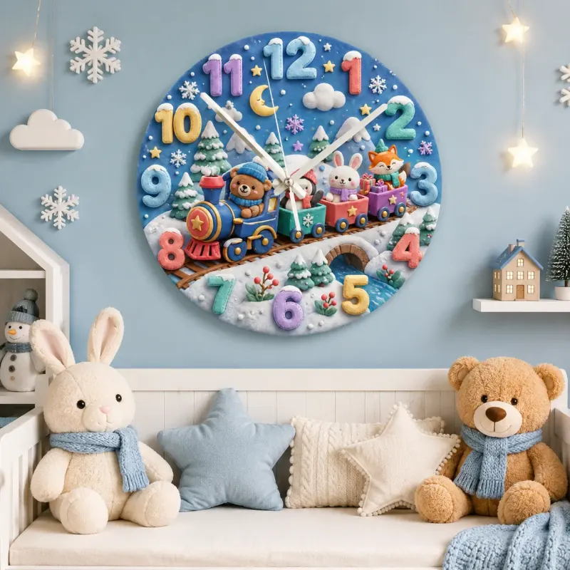 Winter Animal Train Kids Room Wall Clock | Snowy Woodland Nursery Decor, Beautiful Baby Shower Gift For Boy Or Girl (13.6 inch / 34.5 cm)