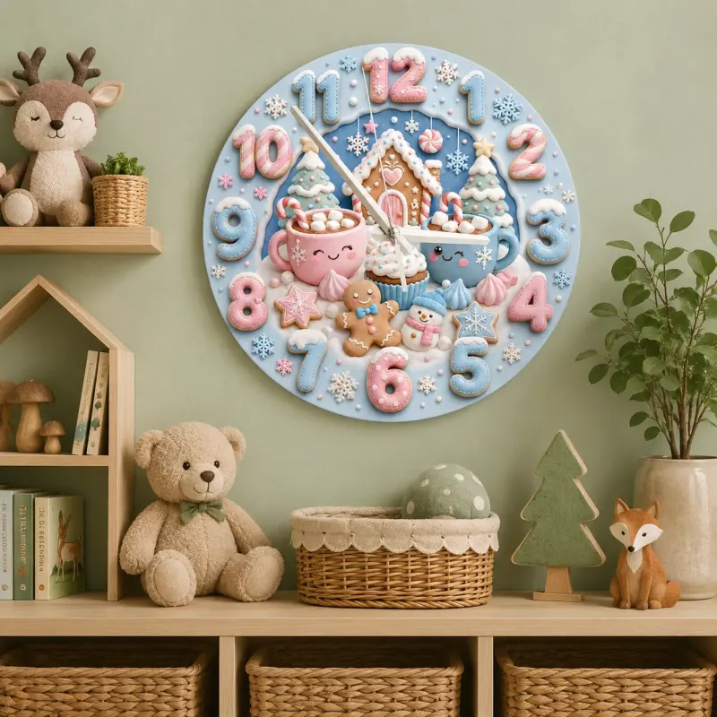 Pastel Winter Gingerbread Kids Room Wall Clock | Cute Hot Cocoa Snowman Nursery Decor, Sweet Holiday Baby Girl Gift (13.6 inch / 34.5 cm)