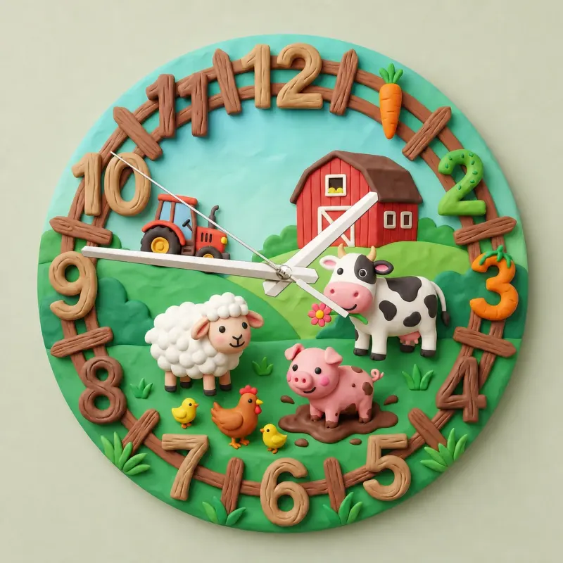Farm Animals Barnyard Kids Room Wall Clock | Cute Red Tractor Nursery Decor, Unique Baby Boy Shower Gift Keepsake (13.6 inch / 34.5 cm)
