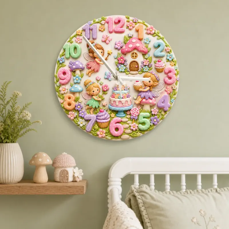 Fairy Mushroom Garden Kids Room Wall Clock | Magical Woodland Nursery Decor, Baby Girl Birthday Gift (13.6 inch / 34.5 cm)