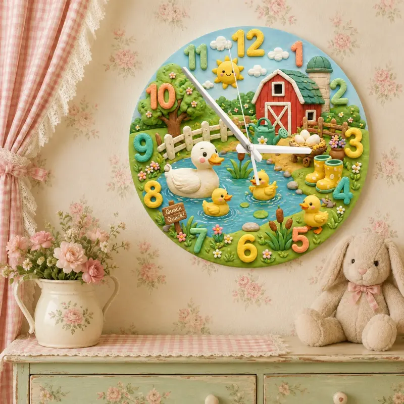 Cute Farmyard Duck Pond Kids Room Wall Clock | Whimsical Red Barn Nursery Decor, Baby Shower Gift For Boys Or Girls (13.6 inch / 34.5 cm)