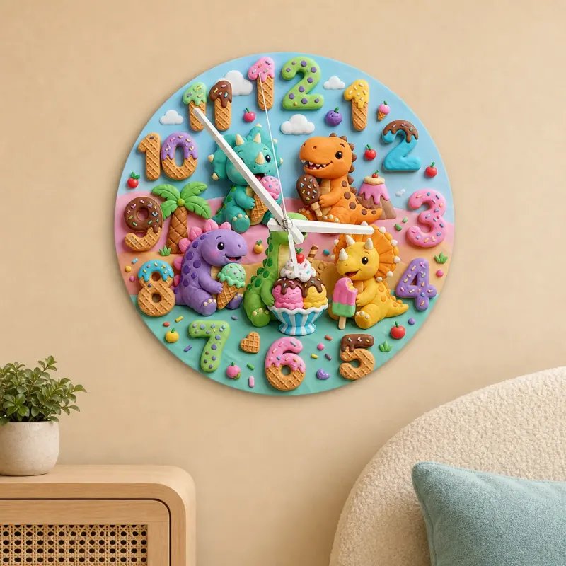 Dinosaur Ice Cream Party Kids Room Wall Clock | Colorful Nursery Decor, Little Boy Birthday Gift (13.6 inch / 34.5 cm)