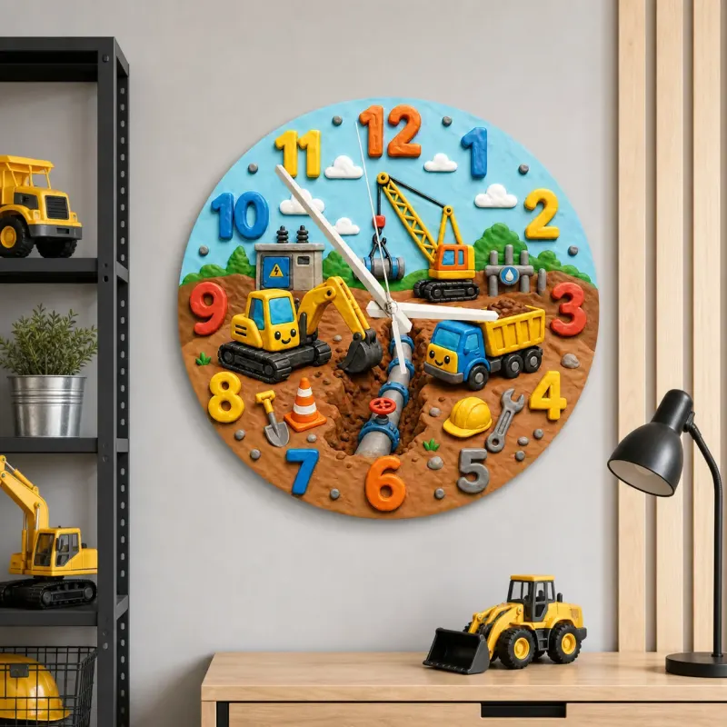 Construction Trucks Kids Room Wall Clock | Cute Excavator Boy Nursery Decor, Toddler Boy Playroom Birthday Keepsake (13.6 inch / 34.5 cm)
