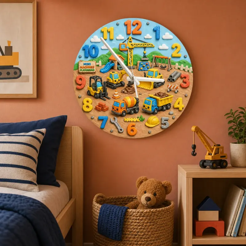 Construction Trucks Playground Kids Room Wall Clock | Boys Nursery Decor, Little Builder Toddler Birthday Gift Idea (13.6 inch / 34.5 cm)
