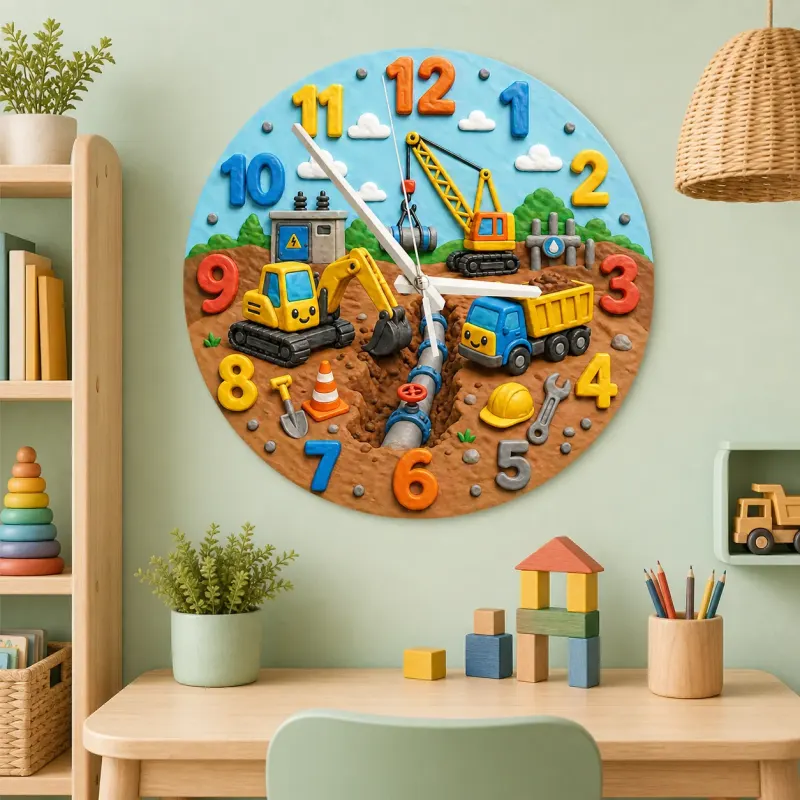 Construction Trucks Kids Room Wall Clock | Cute Excavator Boy Nursery Decor, Toddler Boy Playroom Birthday Keepsake (13.6 inch / 34.5 cm)