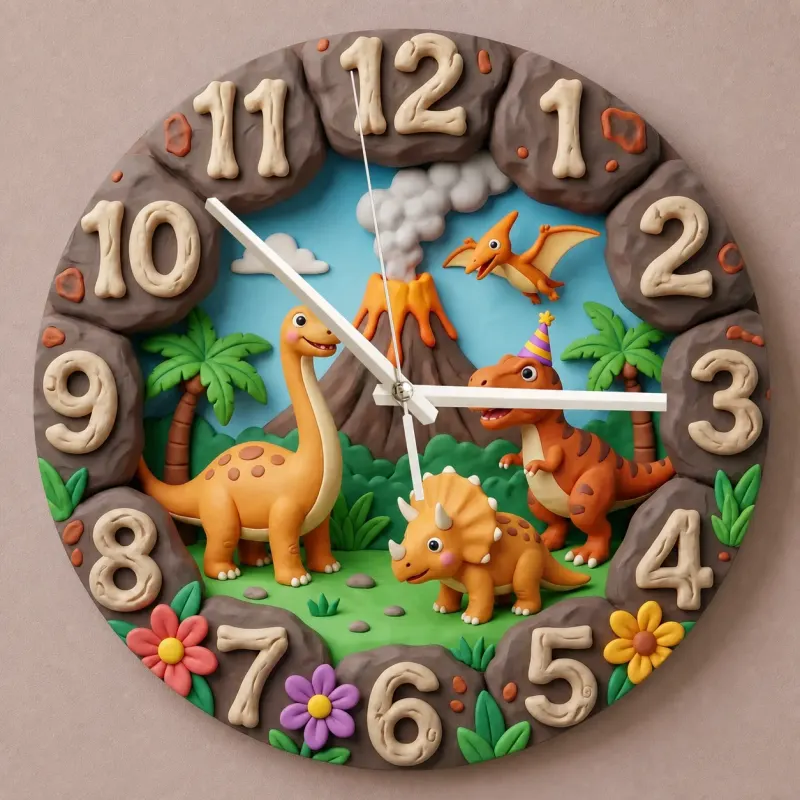 Dinosaur Volcano Kids Room Wall Clock | Prehistoric Jungle Nursery Decor, Little Boy Bedroom Birthday Gift Keepsake (13.6 inch / 34.5 cm)
