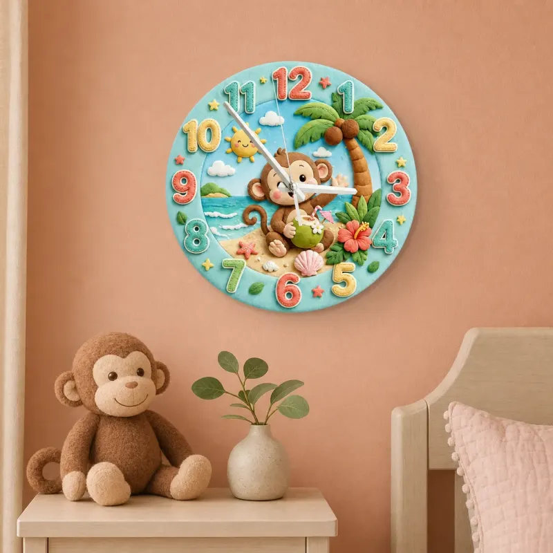 Tropical Beach Monkey Kids Room Wall Clock | Cute Ocean Animal Nursery Decor, Baby Boy Girl Playroom Birthday Gift (13.6 inch / 34.5 cm)