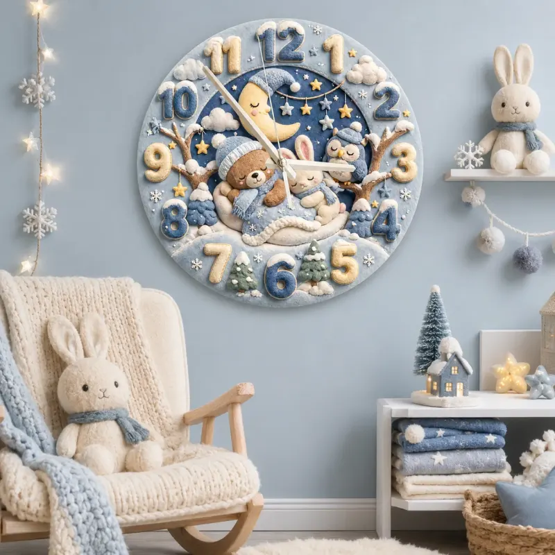 Sleepy Winter Bear & Bunny Kids Room Wall Clock | Blue Night Sky Nursery Decor, Sweet Baby Boy Shower Gift Keepsake (13.6 inch / 34.5 cm)