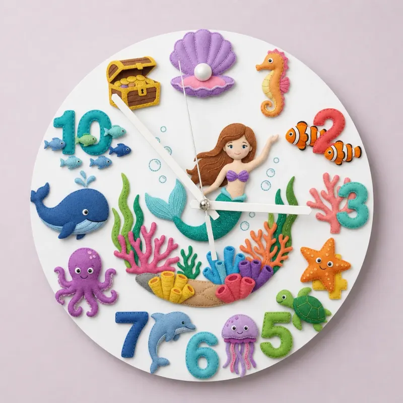 Mermaid Under The Sea Kids Room Wall Clock | Cute Ocean Marine Life Nursery Decor, Baby Girl Room Birthday Gift Idea (13.6 inch / 34.5 cm)