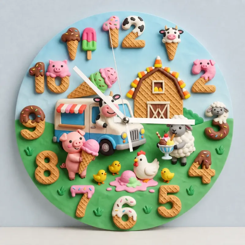 Sweet Ice Cream Farm Animals Kids Room Wall Clock | Playful Nursery Decor, Whimsical Baby Shower Birthday Gift Idea (13.6 inch / 34.5 cm)