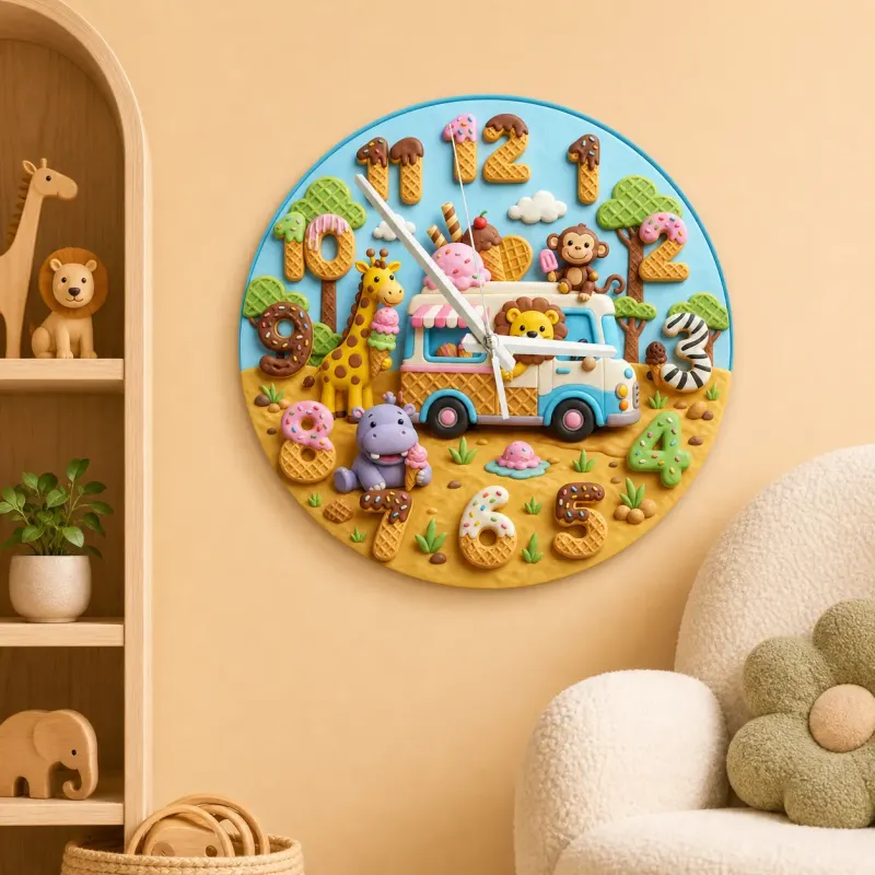 Safari Ice Cream Truck Kids Room Wall Clock | Jungle Animal Nursery Decor, Baby Boy Girl Birthday Gift (13.6 inch / 34.5 cm)