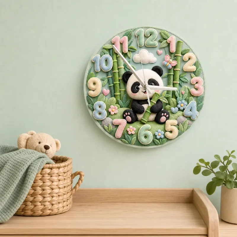 Pastel Panda Bear and Bamboo Kids Room Wall Clock | Cute Jungle Animal Nursery Wall Decor, Baby Shower Gift Keepsake (13.6 inch / 34.5 cm)